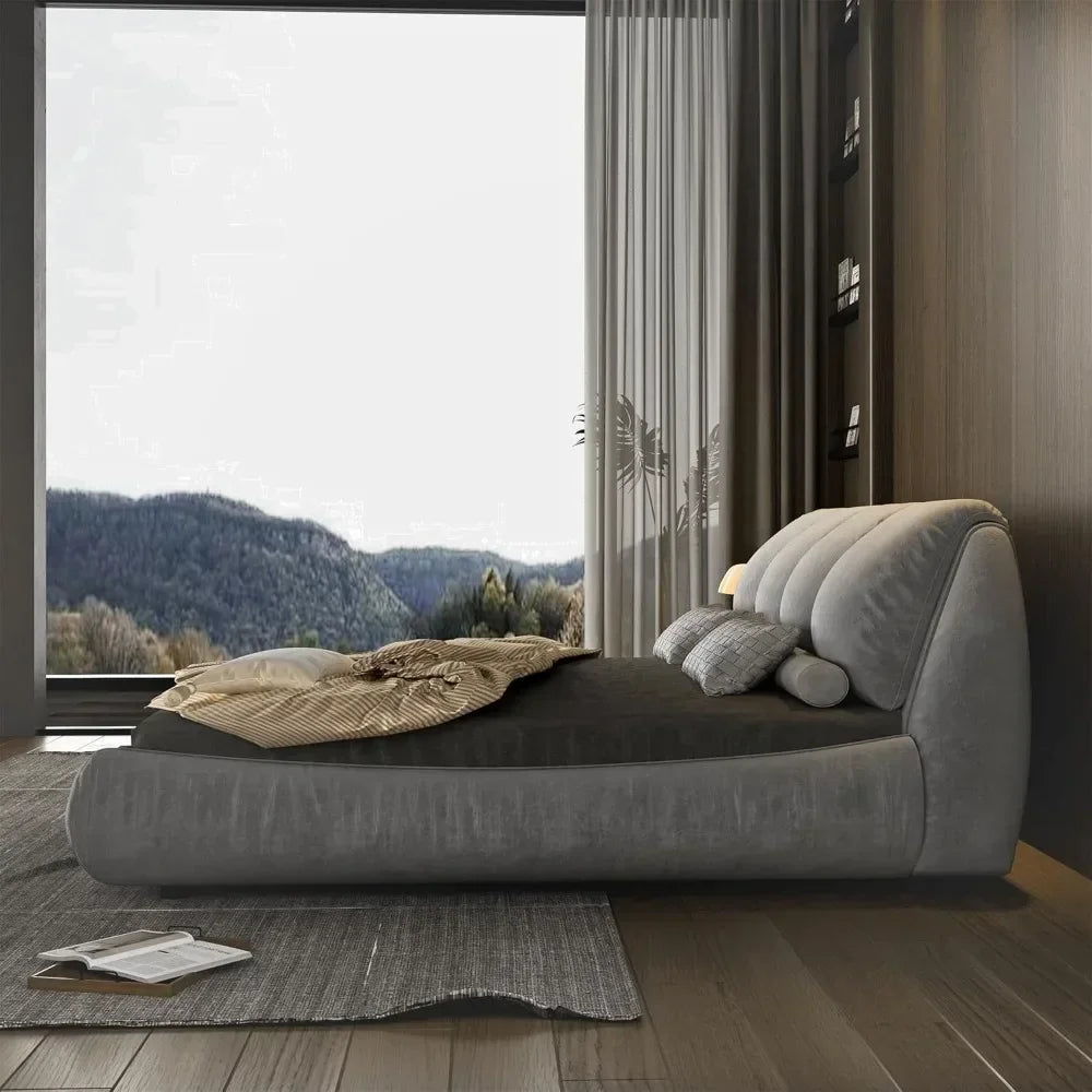 Luxury  Upholstered Platform Bed with Oversized Padded Backrest, Soft Frame Cloud Bed,Pinewooden Slats and Metal Leg
