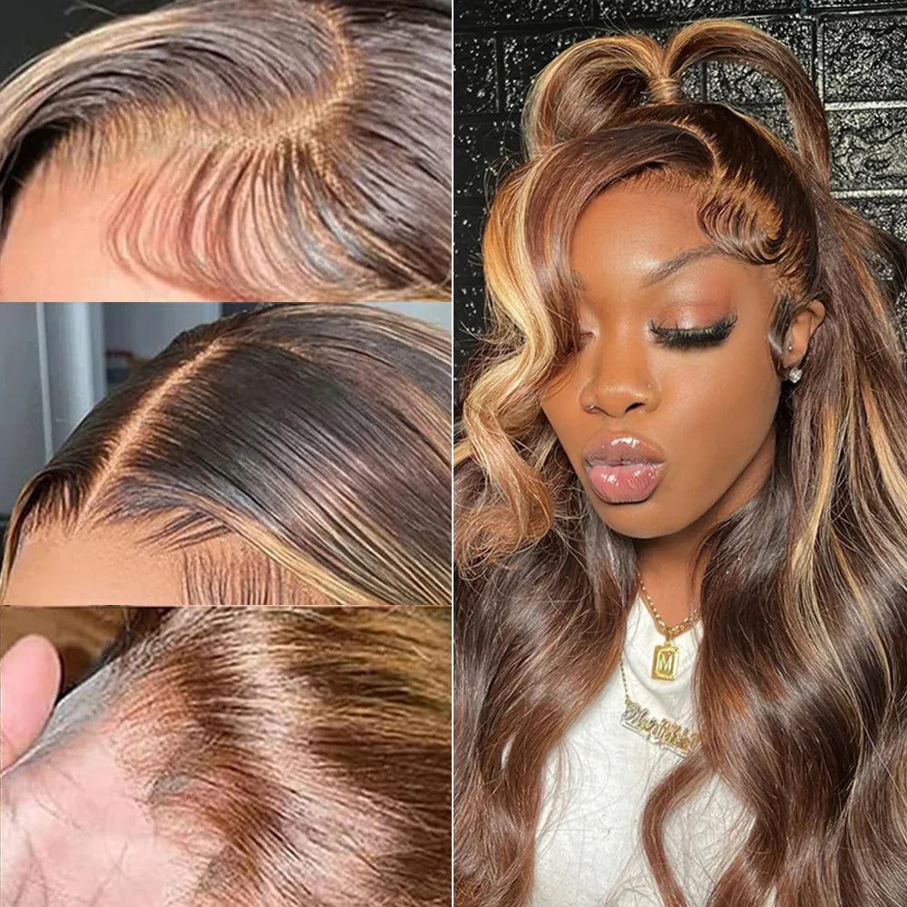Highlight Wig Human Hair Body Wave Lace Frontal Wig Colored 13x6 Lace Frontal Wigs P4/27 Ombre Honey Blond Lace Front Human Hair