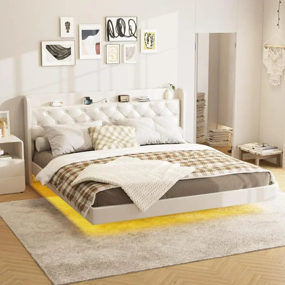 King Bed Frame, Floating with LED Lights, Upholstered Bed with Charging Station, No Box Spring Needed, Bed Frame