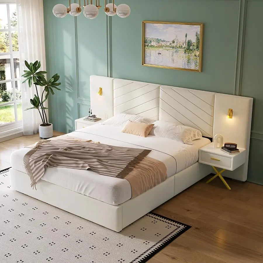 King Platform Bed Frame, Velvet Upholstered Headboard with 2 Built-in Wall Sconces & Nightstands, Sturdy Metal & Solid