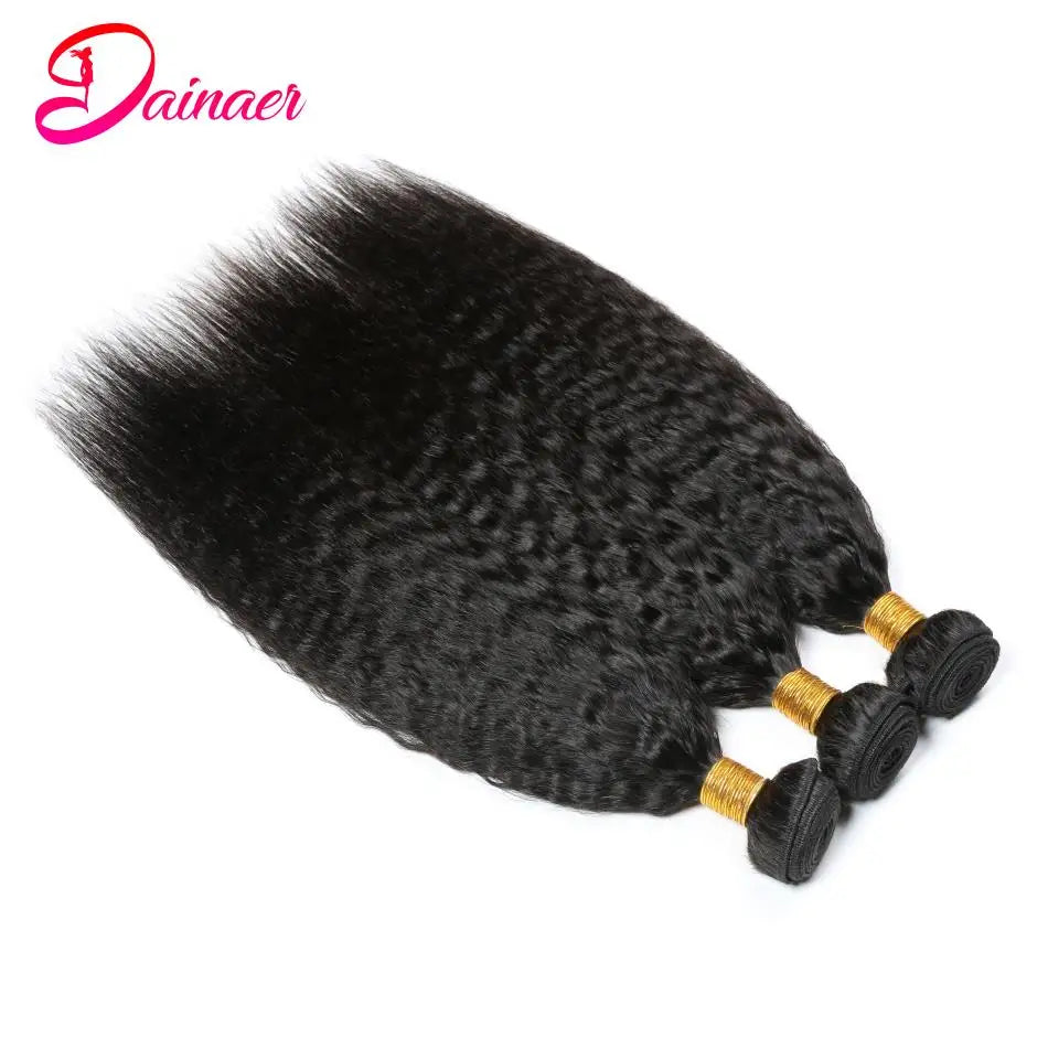 3 Pcs Kinky Straight Bundles Brazilian Unprocessed Virgin Human Hair Weave Bundles 4C  Yaki Human Hair Extensions Natural Black