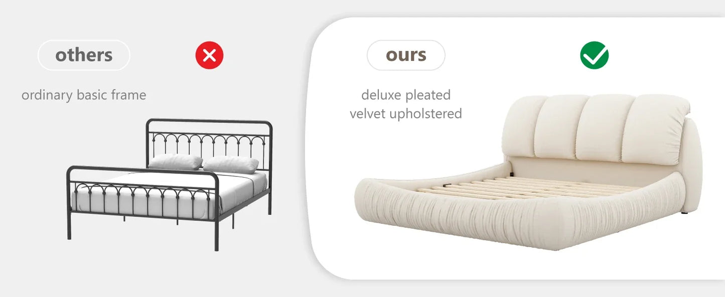 Beige Faux Leather Upholstered Solid Wood Frame Cloud Bed,King Size Platform Bed,Squeak-Free with Overstuffed Padded Headboard