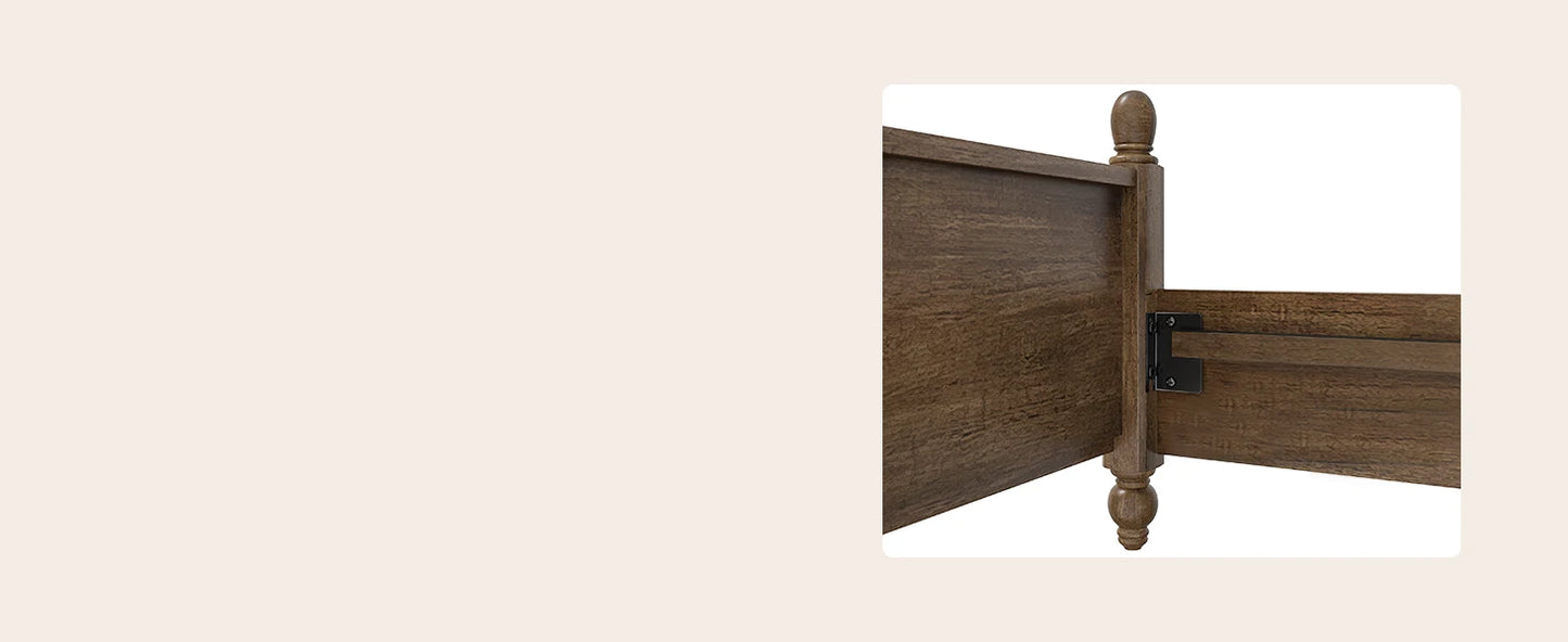 King Size Wood Bed Frame with Upholstered Headboard, Solid Wood Platform Bed with Linen Tufted, No Box Spring Needed