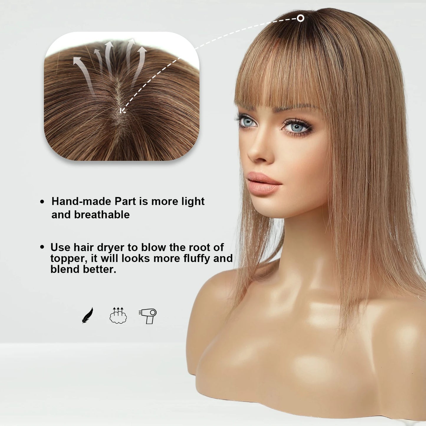 Ombre Blonde 100% Remy Human Hair Toppers with Bangs Silk Base Clip in Topper Top Hair in Hair Extension for Women 10/12/14inch