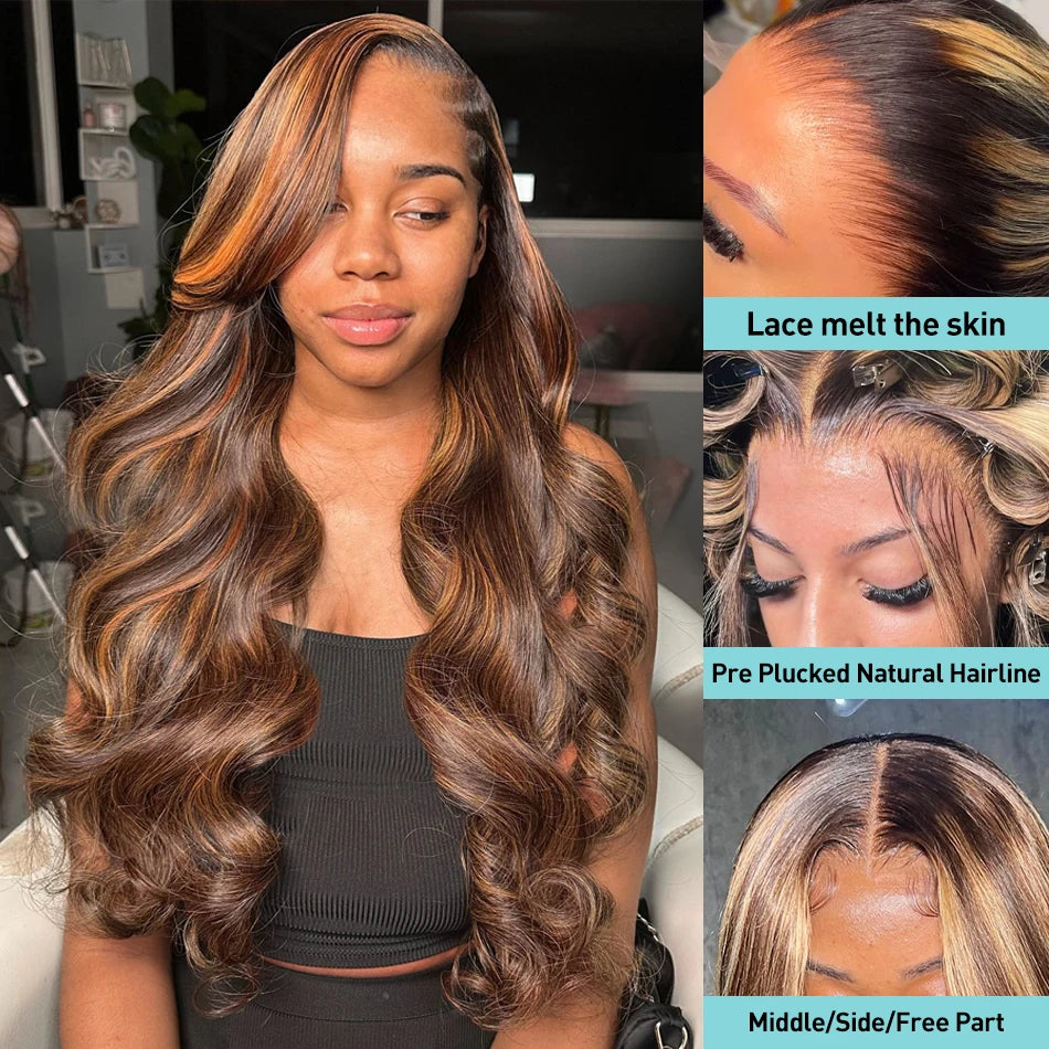 30 40 Inch 4/27 Highlight Body Wave 13x4 Human Hair Lace Frontal Wigs 250 Density Colored Ombre 13x6 HD Lace Front Wig For Women