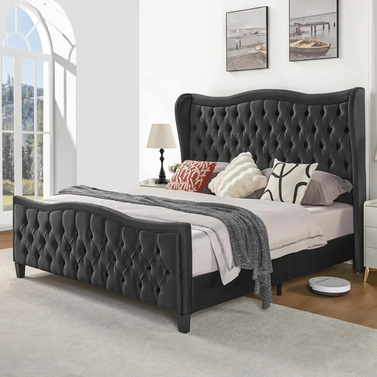 Platform Bed Frame, Wavy Velvet Wingback Upholstered Bed with Handmade Deep Button Tufted High Headboard & Footboard