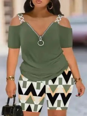 2 Piece Set Women Sexy Off Shoulder Strap short sleeves T-shirt