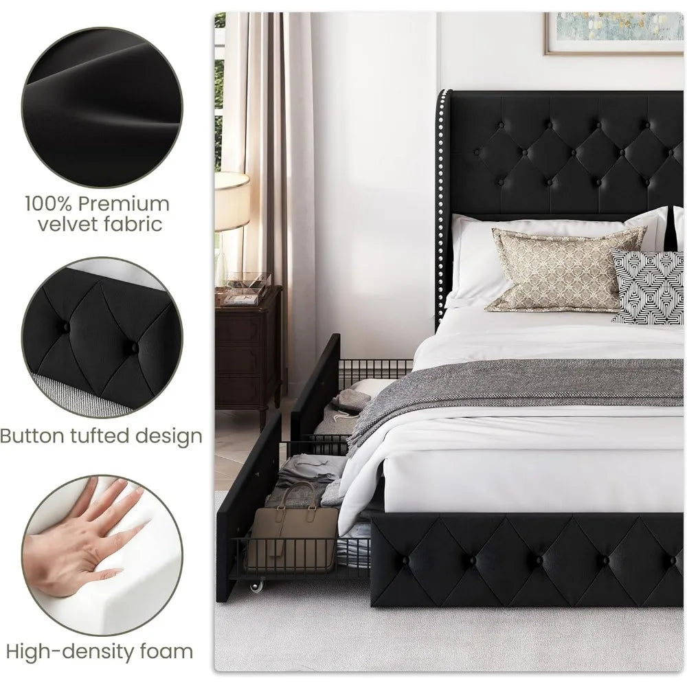 Bedroom Bed, King Size Bed Frame with 4 Storage Drawers and Tufted Headboard Velvet Upholstered Platform Bed Frame Wingback
