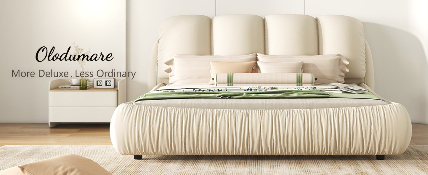 Beige Faux Leather Upholstered Solid Wood Frame Cloud Bed,King Size Platform Bed,Squeak-Free with Overstuffed Padded Headboard